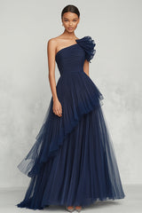 Marineblaues A-Linie Ballkleid aus Tüll mit einer Schulter