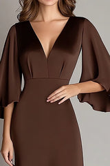 Kaffee Satin Etui V-Ausschnitt 3/4 Ärmel Festliches Kleid