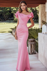 Rosa Meerjungfrau Satin Gerafftes Langes Ballkleid mit gerüschten Ärmeln