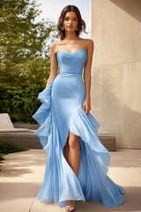 Himmelblaues Süßes Langes Abendkleid mit Rüschen und Schlitz