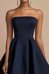 Marineblaues Trägerloses Midi Partykleid aus Satin in A-Linie
