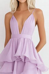 Lila Spaghettiträger Chiffon A-Linie Gestuftes Partykleid