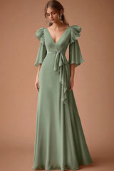 Dusty Sage Chiffon V-Ausschnitt Rüschen A-Linie Ballkleid