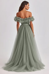 Dusty Sage Schulterfreies Rüschen A Linie Abendkleid