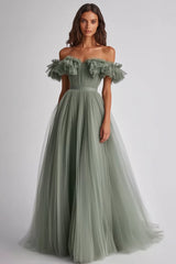 Dusty Sage Schulterfreies Rüschen A Linie Abendkleid