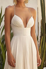 Champagner Plissee Spaghettiträger Langes Hochzeitsgastkleid