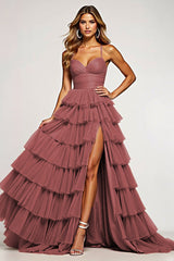 Desert Rose A Linie Langes Ballkleid aus Tüll mit Rüschen