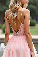 Rosa A-Linie Spaghettiträger Langes Ballkleid mit Spitze