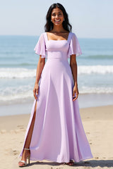 Lila Chiffon A Linie Langes Brautjungfernkleid