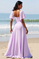 Lila Chiffon A Linie Langes Brautjungfernkleid