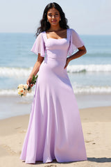 Lila Chiffon A Linie Langes Brautjungfernkleid