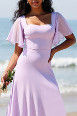 Lila Chiffon A Linie Langes Brautjungfernkleid