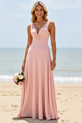 Blush Langes V-Ausschnitt Brautjungfernkleid in A-Linie