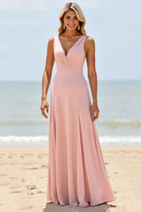Blush Langes V-Ausschnitt Brautjungfernkleid in A-Linie
