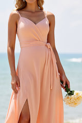 Sunset Chiffon A Linie Langes Brautjungfernkleid mit Schlitz