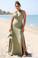 Olive Plus Size Neckholder Satin Langes Brautjungfernkleid mit Schlitz