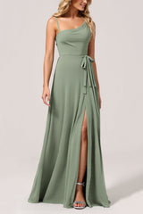 Eukalyptus Chiffon A Linie Langes Brautjungfernkleid mit Schlitz