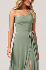 Eukalyptus Chiffon A Linie Langes Brautjungfernkleid mit Schlitz