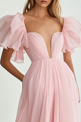 Rosa A-Linie Herzausschnitt Langes Ballkleid mit Rüschen und Ärmeln