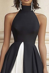 Neckholder A-Linie Langes Schwarzes Krawattenkleid mit Rüschen