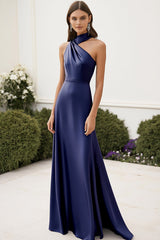 Marineblaues Satin Neckholder A-Linie Langes Ballkleid aus Satin