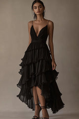 A-Linie Schwarzes Krawattenkleid mit V-Ausschnitt und Rüschen