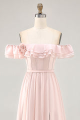 Schulterfreies Blush Rüschen A Linie Brautjungfernkleid mit Schlitz