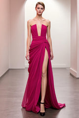 Rosa Gerafftes Trägerloses Abendkleid mit Schlitz