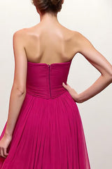 Rosa Gerafftes Trägerloses Abendkleid mit Schlitz