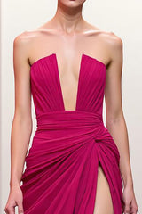 Rosa Gerafftes Trägerloses Abendkleid mit Schlitz