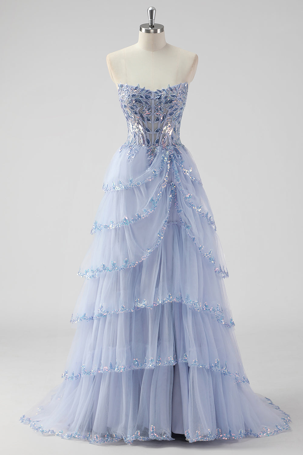 Zapaka Damen Lavendel Ballkleid mit Schlitz A-Linie Trägerloses Pailletten Korsett Gestuftes Langes Abendkleid