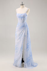 Blaues Blumen Meerjungfrauen Korsett Langes Brautjungfernkleid mit Schlitz