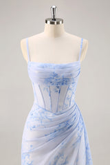 Blaues Blumen Meerjungfrauen Korsett Langes Brautjungfernkleid mit Schlitz