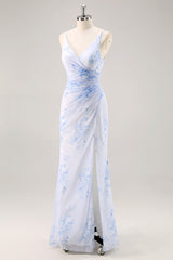Blaues Geblümtes Gerafftes Chiffon Brautjungfernkleid mit Schlitz