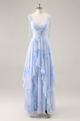 Blaues Chiffon Blumen A-Linie Brautjungfernkleid mit Rüschen