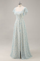 Blaues Langes Geblümtes Brautjungfernkleid aus Chiffon mit Rüschen und Schlitz