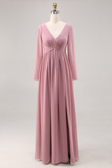 Einfaches Dusty Rose Brautjungfernkleid mit langen Ärmeln und V-Ausschnitt und Schlitz