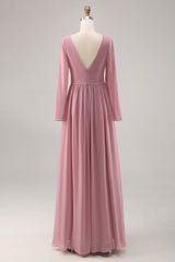 Einfaches Dusty Rose Brautjungfernkleid mit langen Ärmeln und V-Ausschnitt und Schlitz