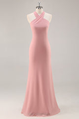 Blush Neckholder Meerjungfrau Chiffon Langes Brautjungfernkleid mit Schleife