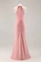 Blush Neckholder Meerjungfrau Chiffon Langes Brautjungfernkleid mit Schleife