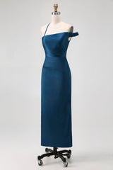 Tintenblaues Etui Langes Brautjungfernkleid aus Satin mit einer Schulter
