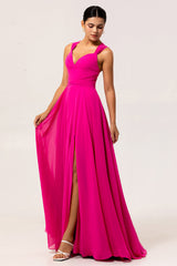 Fuchsia A Linie Wandelbares Chiffon Langes Brautjungfernkleid mit Schlitz