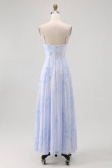 Blaues Geblümtes Spaghettiträger Chiffon A-Linie Brautjungfernkleid