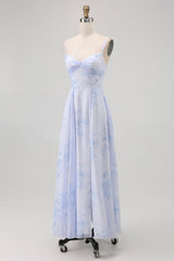 Blaues Geblümtes Spaghettiträger Chiffon A-Linie Brautjungfernkleid