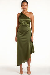 Olive Brautjungfernkleid aus Satin in Teelänge mit einer Schulter