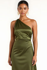 Olive Brautjungfernkleid aus Satin in Teelänge mit einer Schulter