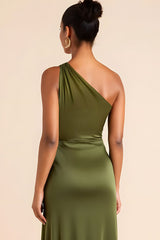 Olive Brautjungfernkleid aus Satin in Teelänge mit einer Schulter