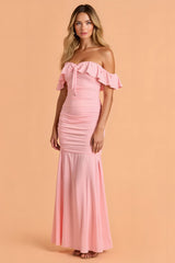 Blush Mermaid Gerafftes Maxi Brautjungfernkleid mit Rüschen