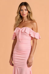 Blush Mermaid Gerafftes Maxi Brautjungfernkleid mit Rüschen