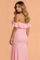 Blush Mermaid Gerafftes Maxi Brautjungfernkleid mit Rüschen